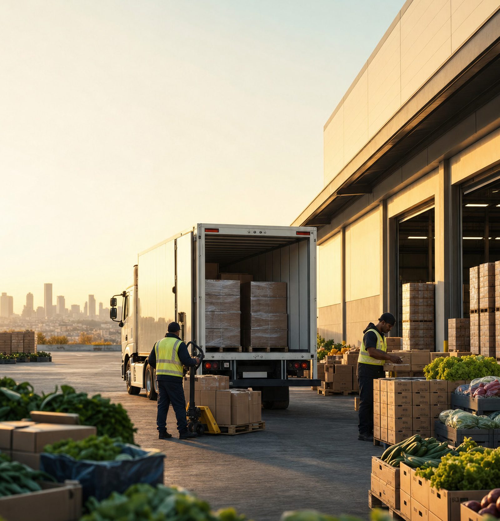 Climatri Foods logistics team loading a delivery truck at sunrise